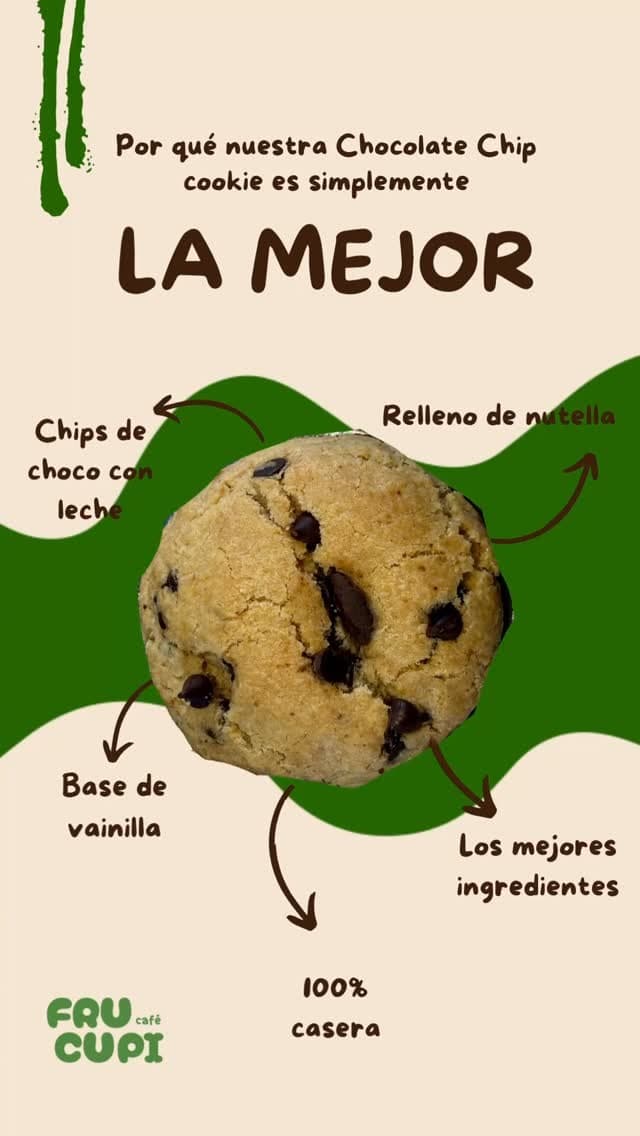 Por qué nuestra cookie de vainilla, chips y Nutella es la mejor: relleno de nutella, chips de choco con leche, base de vainilla, los mejores ingredientes, 100% casera