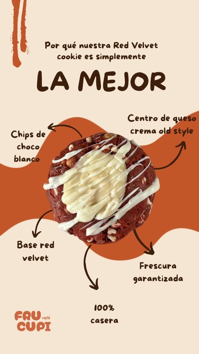 Por qué nuestra Red Velvet cookie es la mejor: centro de queso crema old style, chips de choco blanco, base red velvet, frescura garantizada, 100% casera