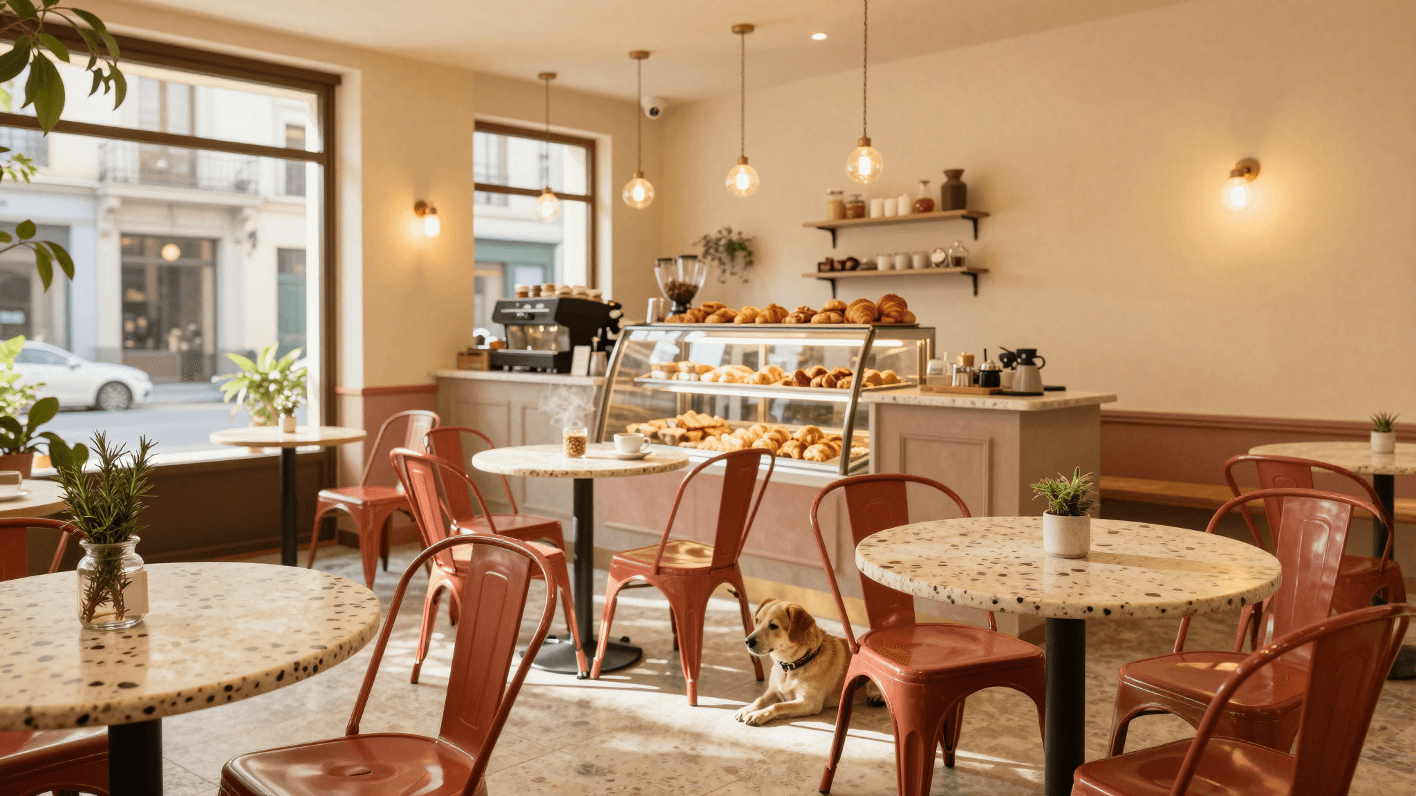 Interior de Frucupi Café con mesas de terrazo, sillas terracota y vitrina de pastelería